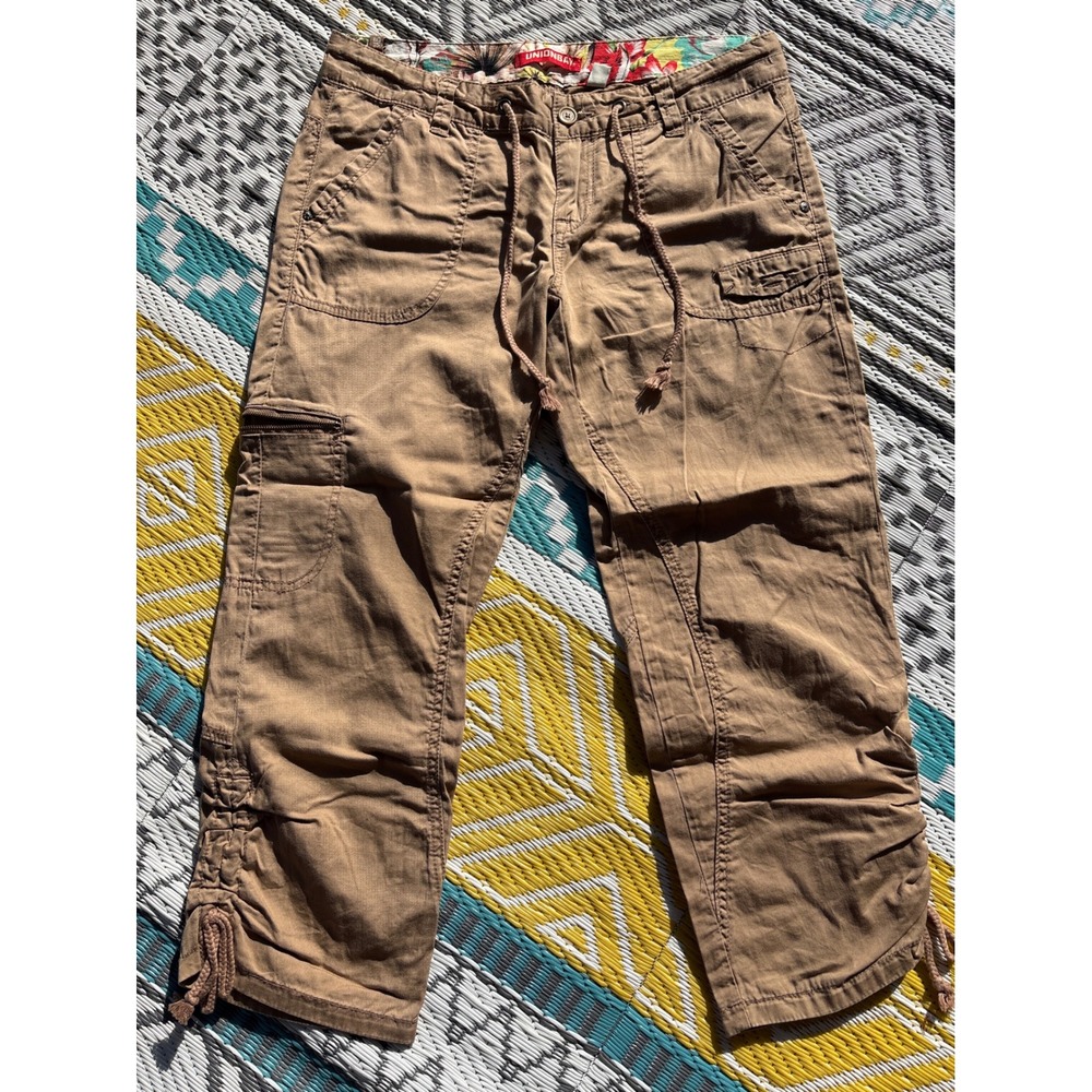 Unionbay Womens Tan Khaki Cargo Capri Pants Drawstring Cotton Size 7